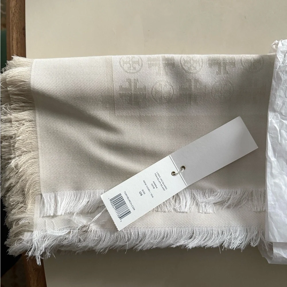 Tory Burch Logo Jacquard Traveler Silk and Wool Scarf in New Ivory - Picture 3 of 9
